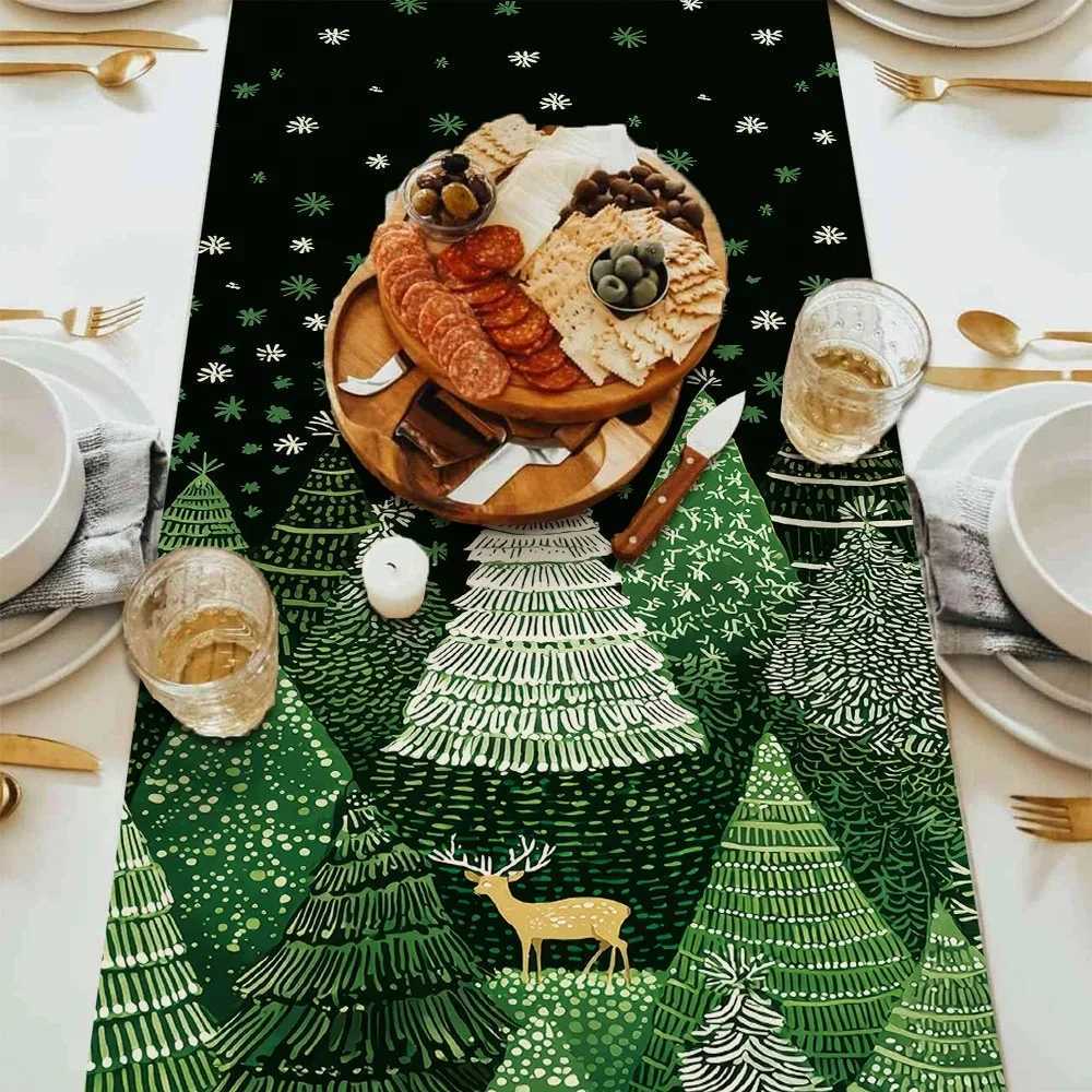 Christmas Green Forest Christmas Pattern Decoration Table Banner Holiday Table Decoration Home Kitchen Restaurant Party Decoration Y251113