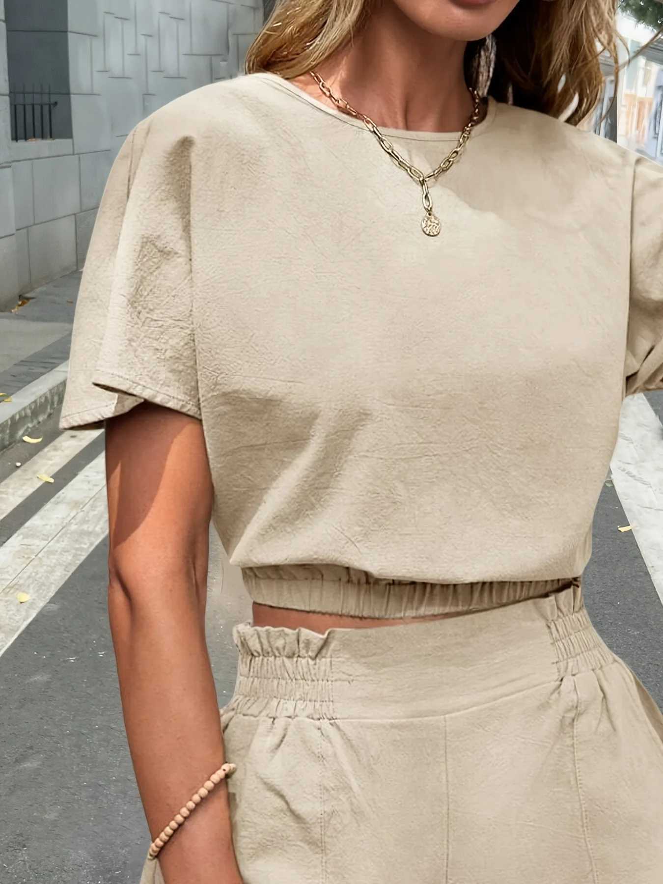 New casual lazy fashion spring and summer set womens Sve top and shortsXJ250414