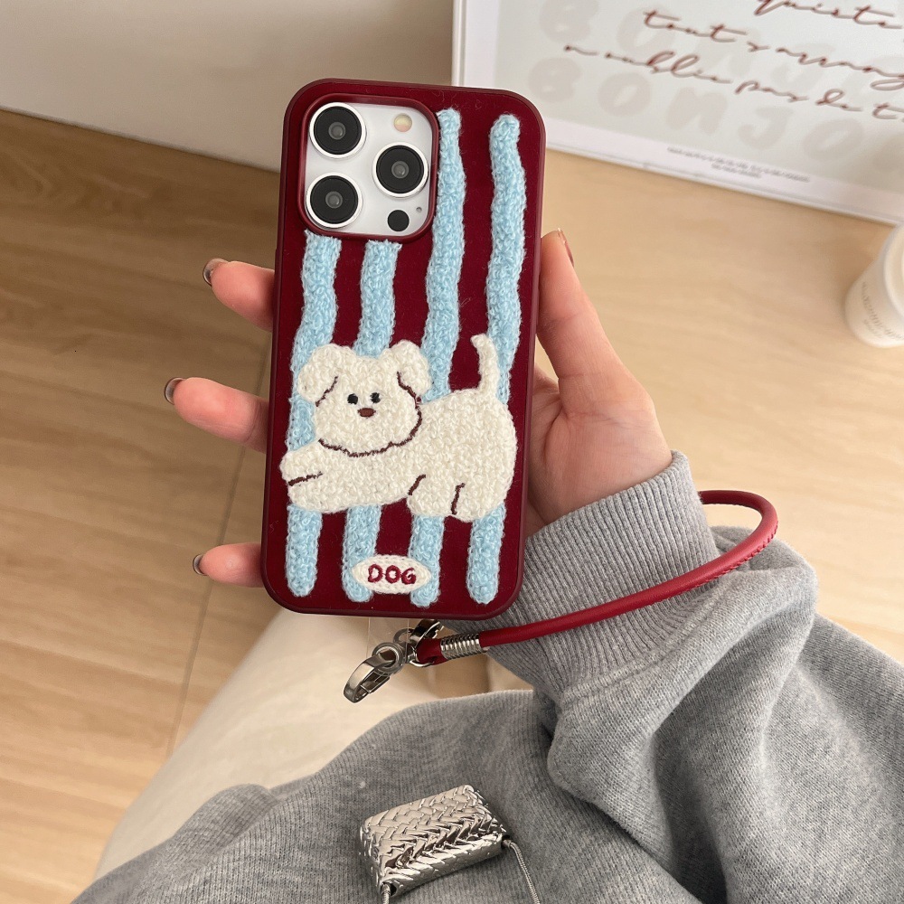 Embroidered Striped Puppy Phone Case Compatible with iPhone 17/16 Pro Cartoon Two-in-One 15/14 Shockproof