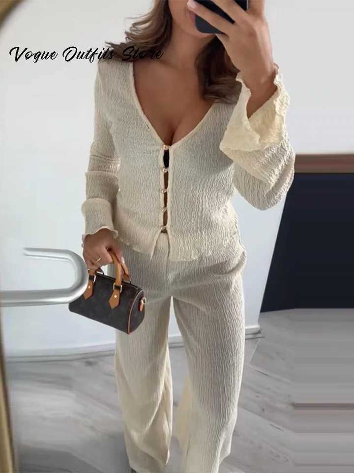 Ele pleated womens pants set V-neck single chest slim fit top waist wide leg pants 2025 spring new fashionable womens setXJ250414