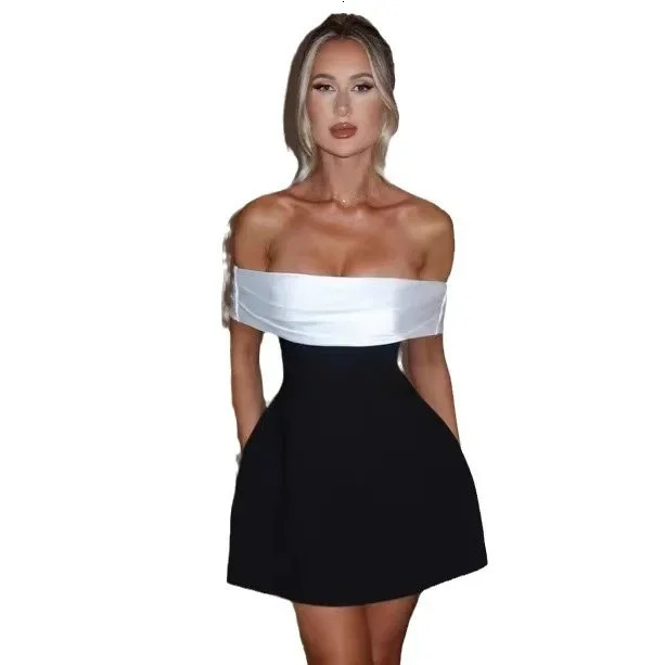 Elegant shoulder off mini womens clothing classic black and white 2024 autumn winter item waist fitting bow n 250414