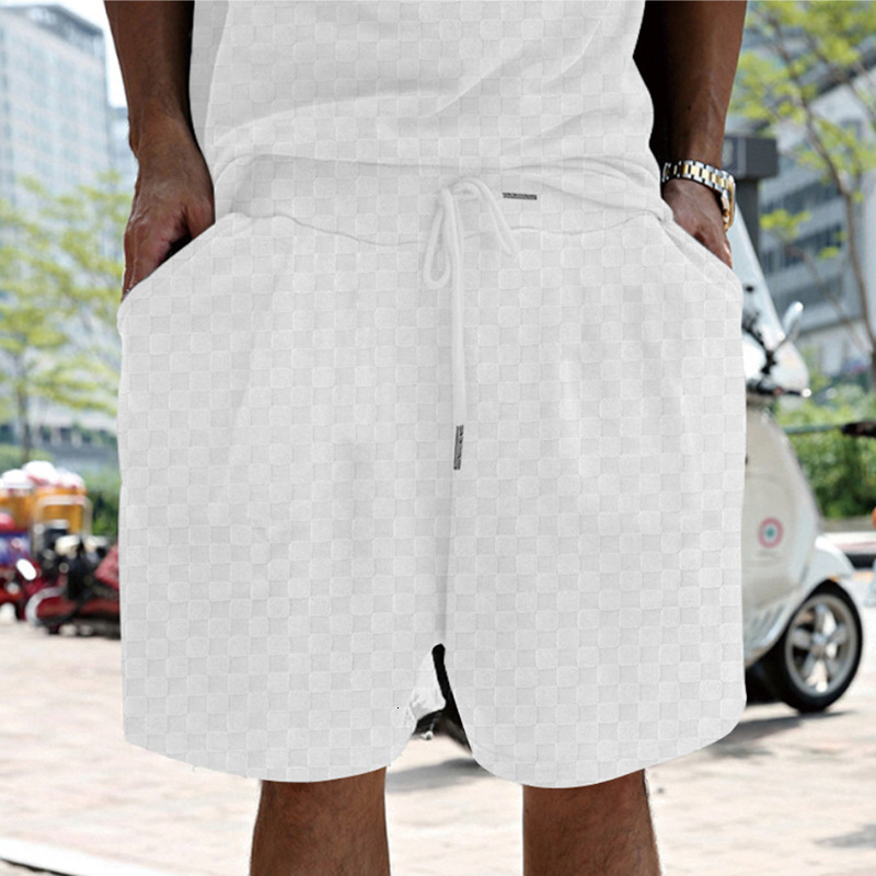 2025 Summer Towel Grid Jacquard Loose Large Straight Tube Casual Set for Sports Men's Wear