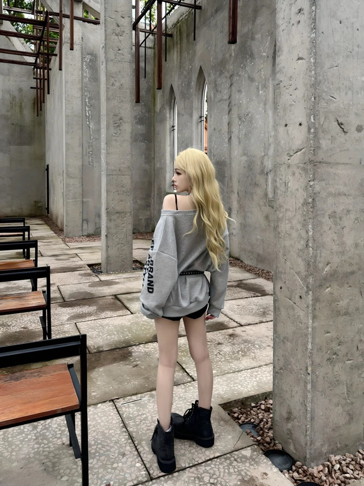 Autumn and Winter Womens High Temperature 100 Letter Round Neck Hoodie Loose Two Piece Shoulder Clothing y250414Z