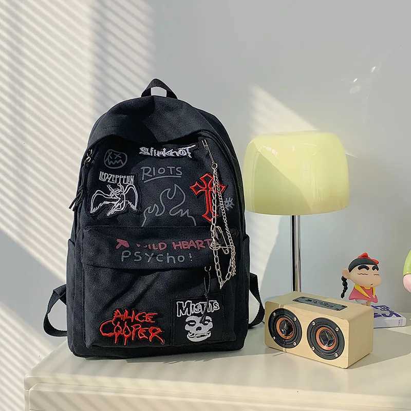 Gothic Rock Backpack For Men And Women Large Capacity Canvas Casual Backpack With Metal Patchwork Accents for Daily UseW251113