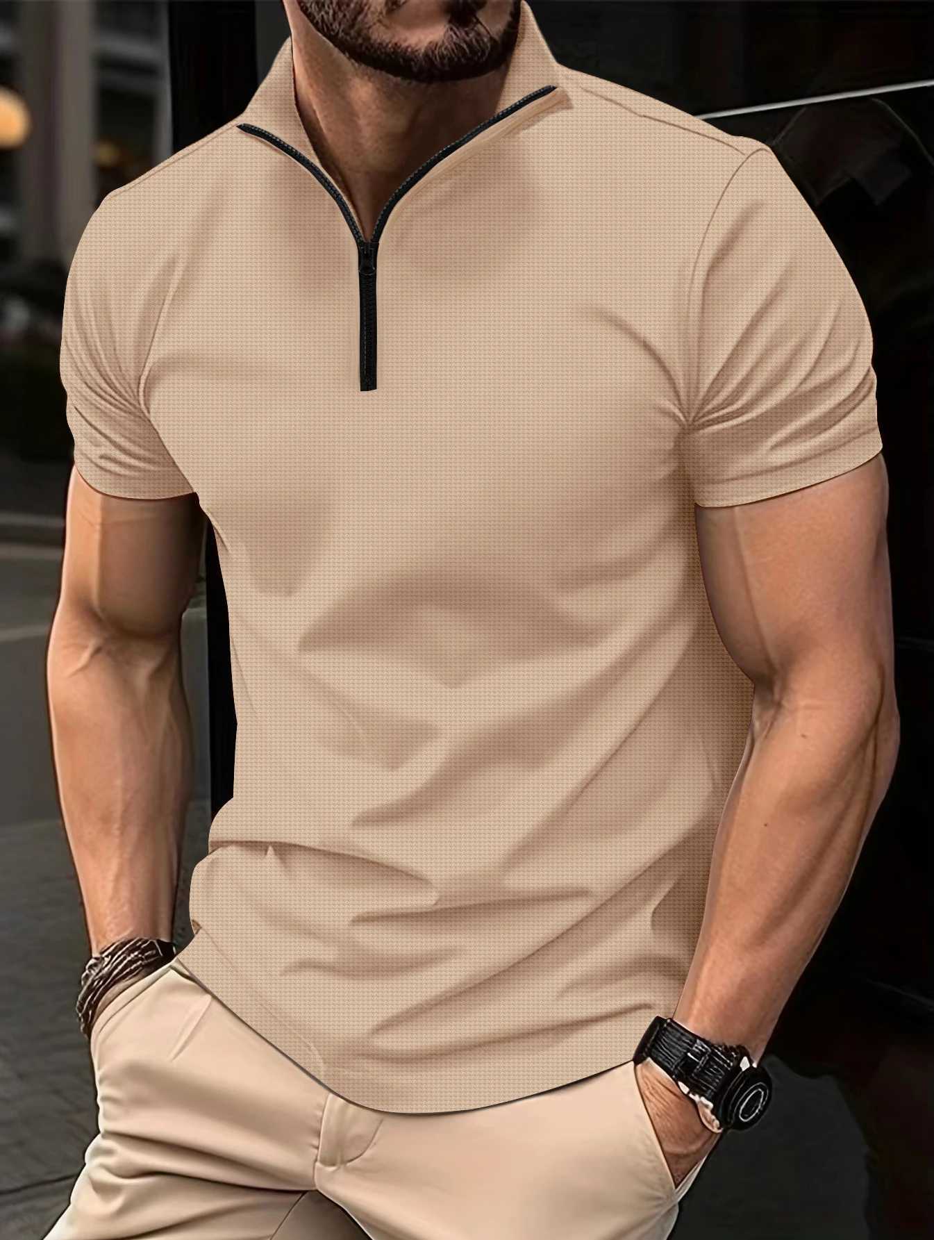 2024 Summer Fashion Mens Polo Shirt Zipper Stand Collar Henley Shirt Solid Color Ultra Thin Elastic Mens Short Sleeve W250414