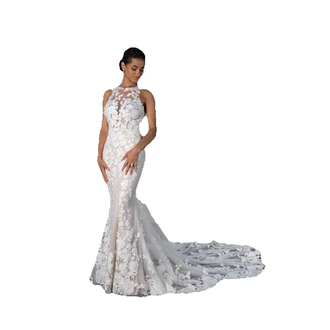 Elegant Mermaid Wedding Dresses New 3D-Flowers Lace Bridal Gown O-Neck Bride Dresses Robe De Vestido HOT SALE Size Customized Plue Size H25715