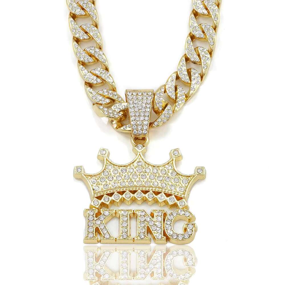 DHcollections Unisex 15mm Miami Chain with CZ Rhie Crown King Pendant Necklace for Parties and Holidays