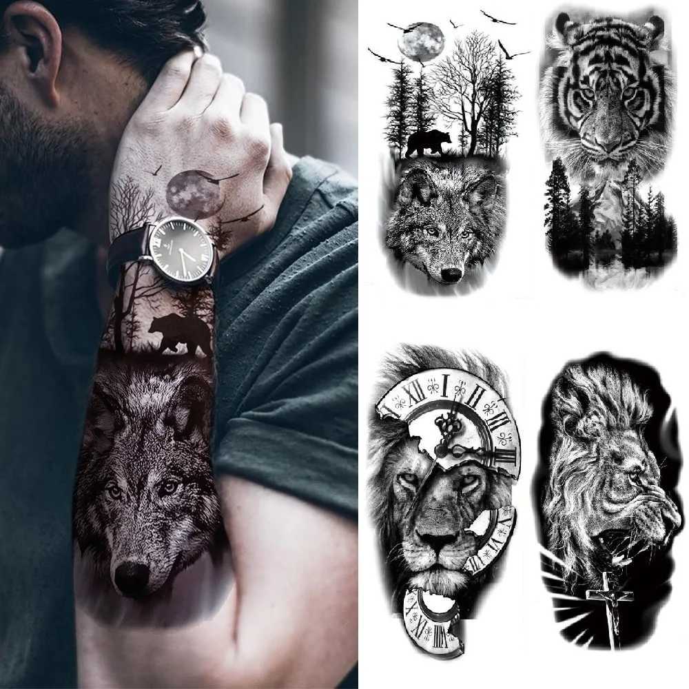 4 Upper Arm Sleeves Crown Tattoo Lion Tiger Wolf Head Waterproof Temporary Tattoo Stickers Body Art Female Fake TattooXJ25414