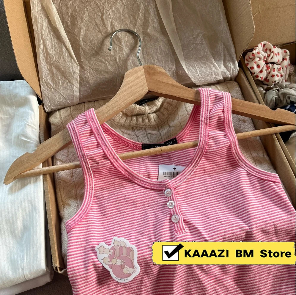 Retro cut top womens summer three button sleeveless cotton vest ultrathin pink striped Y2k 250414Z