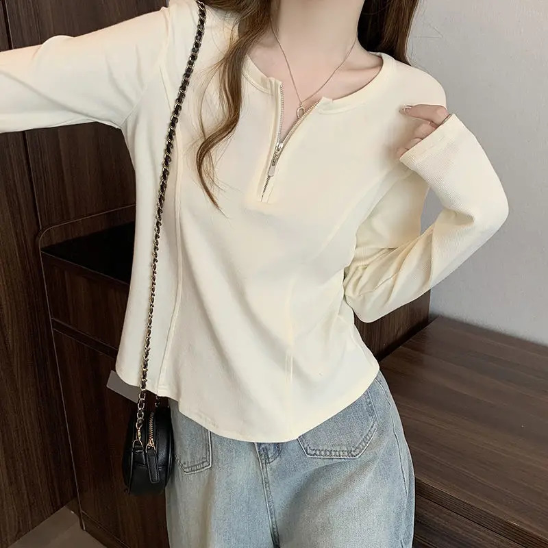 Womens spring and summer casual fashion zipper solid color Pullove womens clothing trend fully matched brushed long sleeves 250407