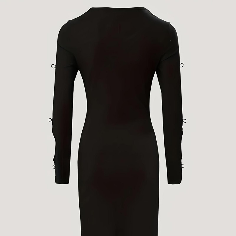 Urban Sexy Dresses Women's Ribbed Bodycon Midi Dress - Long Sleeve Black Cutout Dress with Rhinestone Bow Detail, Slim Fit Evening Party Formal D