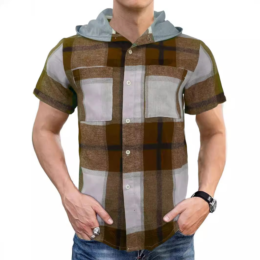 2025 summer new men's plaid short sleeved T-shirt casual hooded button up cardigan shirt