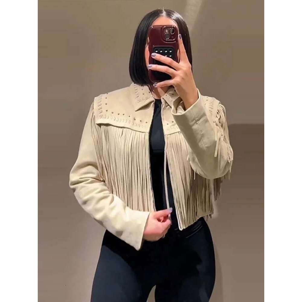 Tassel Suede Jacket Cardigan Coat Fringe Woven Retro Casual Lapel Collar Slim Fit Fashion Street Women Short Outwear Top Spring
