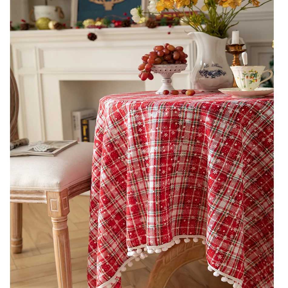 Christmas Christmas Grid Tablecloth White Snow Ornamental tassel Table Vintage Dining Table Cover For kitchen Party Birthday Decor Y251113