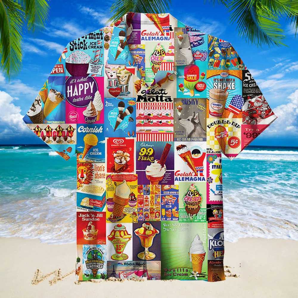 2024 Hawaii Mens Summer Ice Cream T-shirt Beach Printed Short Sleeve Top Casual Original Design Mens Wear W250414