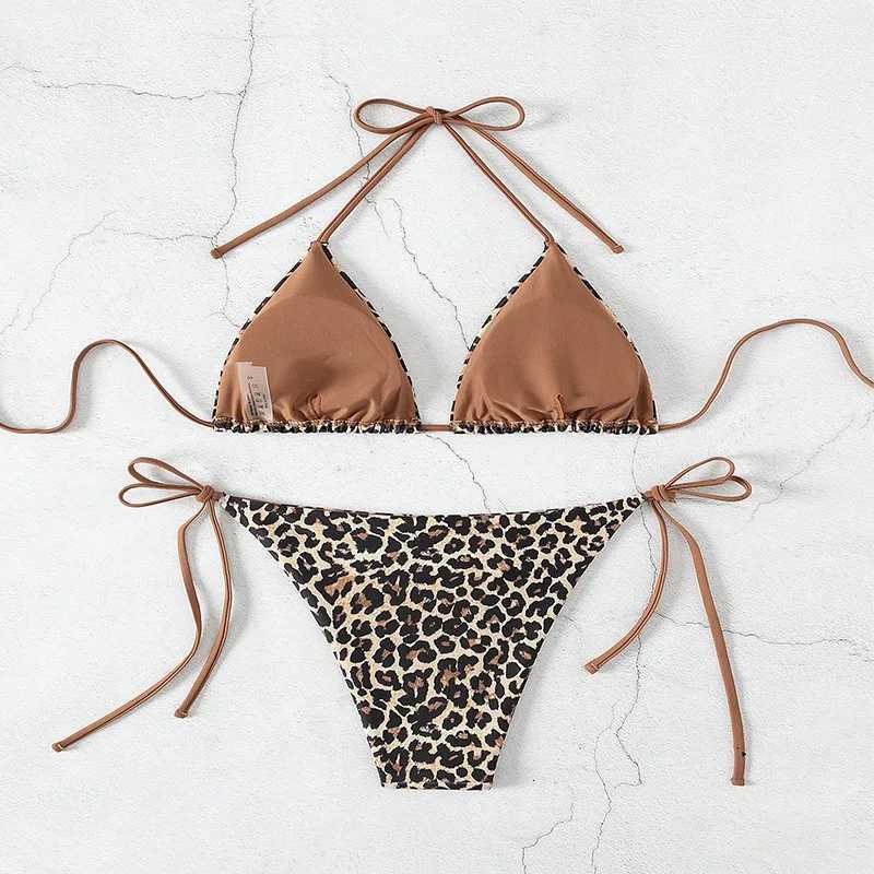 2025 Sexy Leopard Print Two Piece Swimsuit Set Triangle Bra Suspender Halter Backless Bikini Set Beach Vacation Lace-up SwimwearW251113