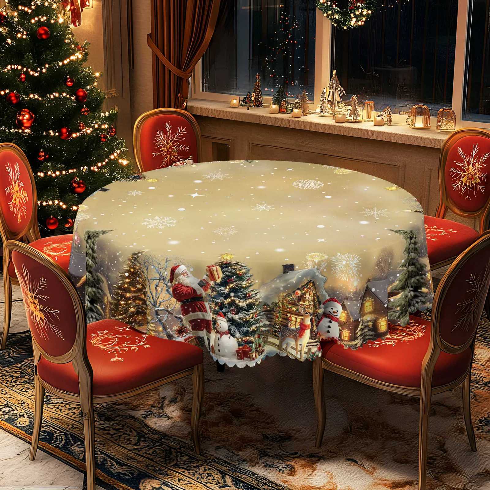Christmas 1Pc Vintage Khaki Christmas Tablecloth with Santa Claus Reindeer Sleigh Patterns Christmas Decor 2025 Christmas Party Decoration Y251113