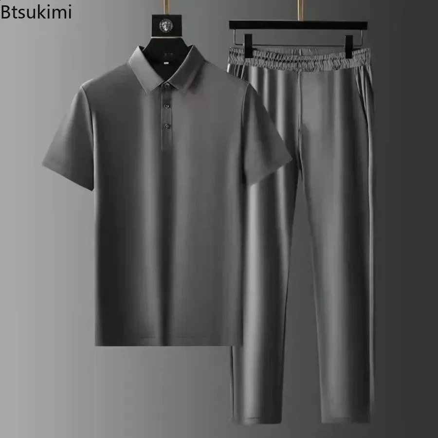 2025 Mens Fashion Solid Two-Piece Sets Casual Comfy Lapel T-shirtTrousers Sport Outfit Men Breathable High-Quality Tracksuits 250409