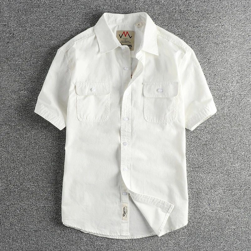 2024 Summer American Retro Short Sleeve Collar Cargo Shirt Mens Simple 100 Cotton Laundry Double Pocket Casual Top 250411