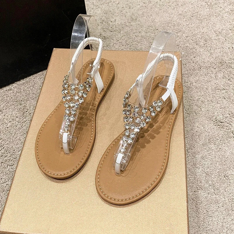 Summer Womens Sandals Fashion Outer Beach Shoes Womens Pearl Diamond Strap Flat Sandals Size 42 250411