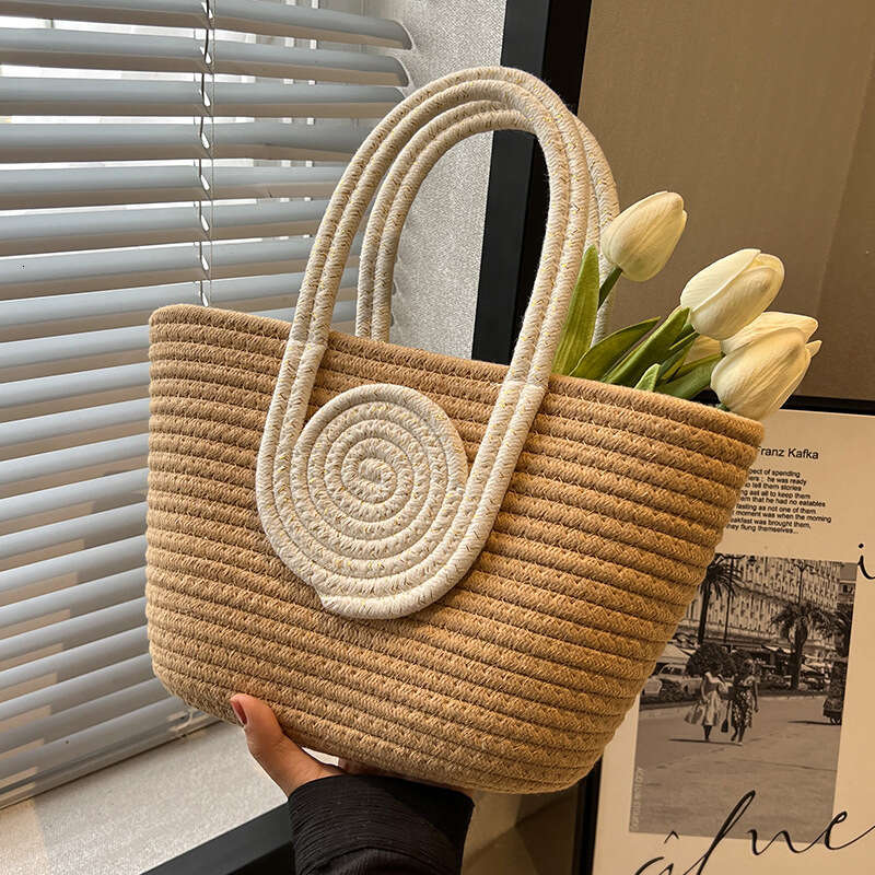 Handmade Beach Bag 2024 New Woven Simplified Retrofit Grass Knitted Handbag Oblique Cross Holiday Cotton Rope Commuter Tote Women's Bag Kq2