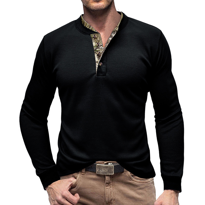 Mens long sleeved outdoor bottoming shirt Mens Henry T-shirt Waffle round neck top