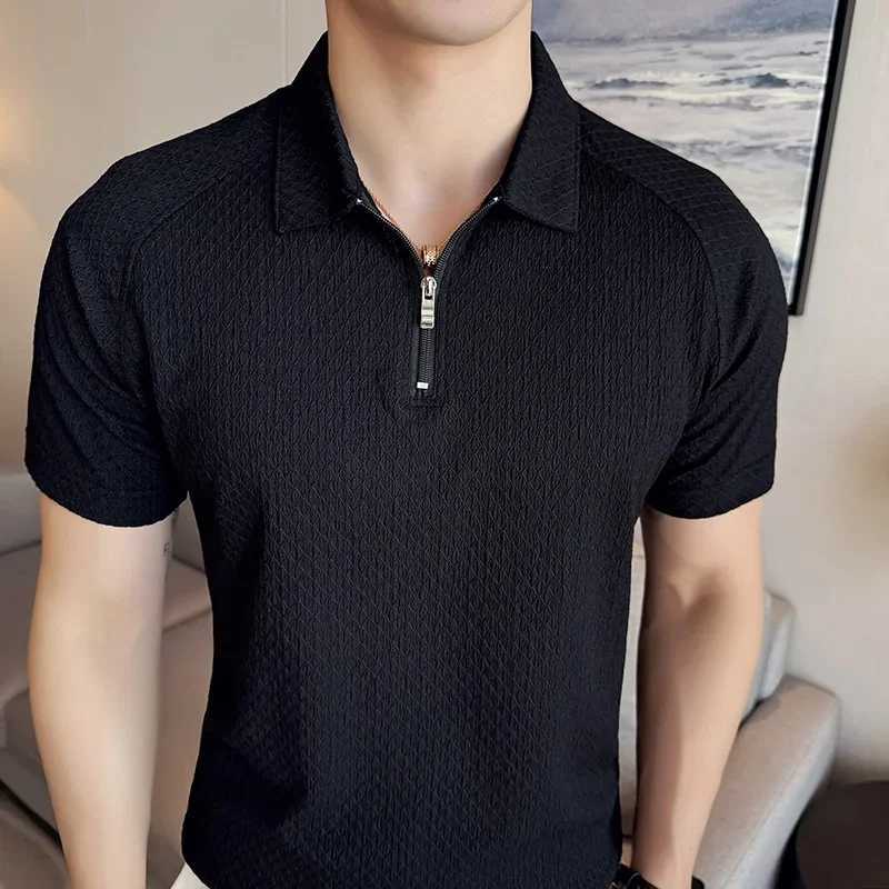 Mens polo shirt 2024 British style summer silk thin solid color casual elastic slim fit short sleeved T-shirt mens clothing W250414