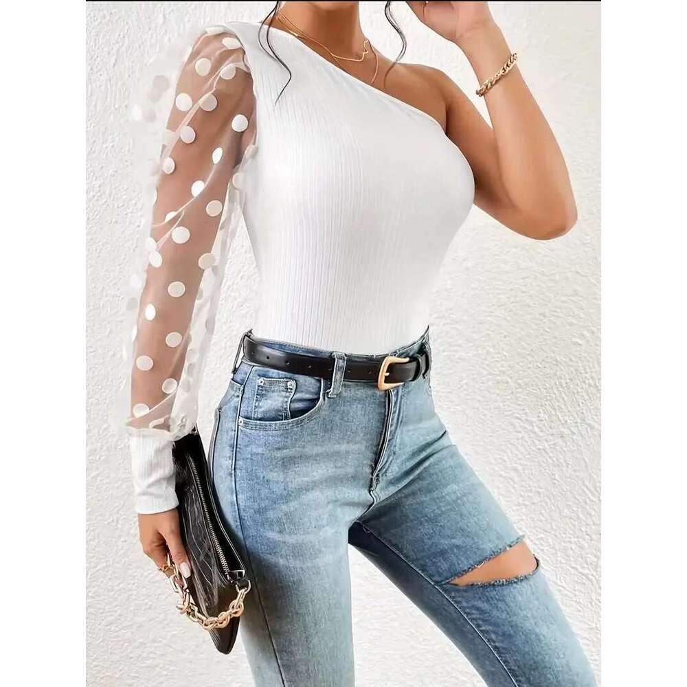 Spring and Autumn hot fashion polka dot mesh ing long sleeve solid color single shoulder shirt T-shirt women