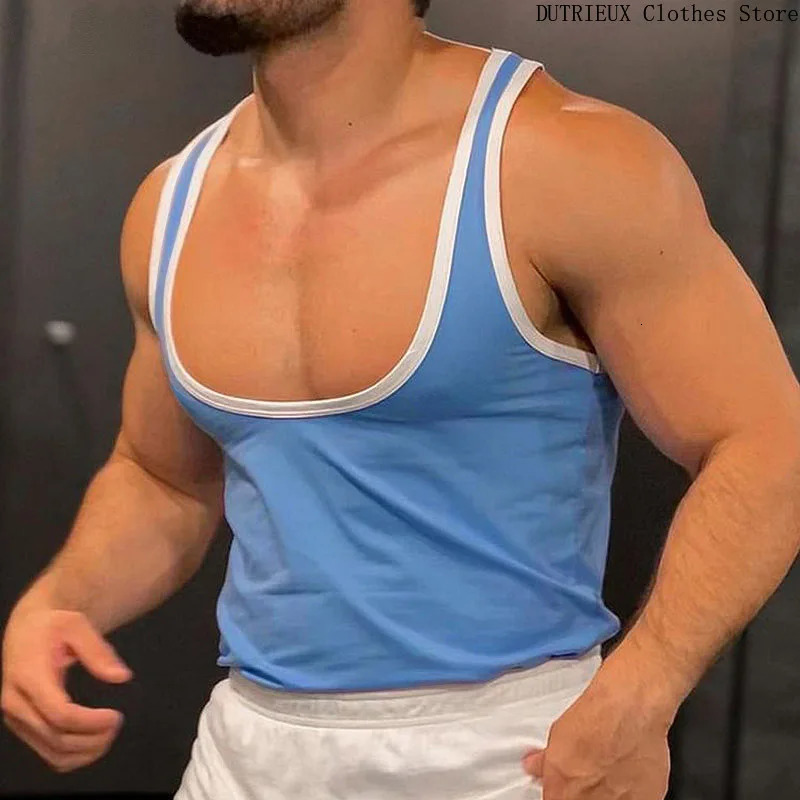 Sexy mesh see through ultra-thin mens vest summer sports and fitness tight fitting mens vest deep U-neck muscle mens vest 250414