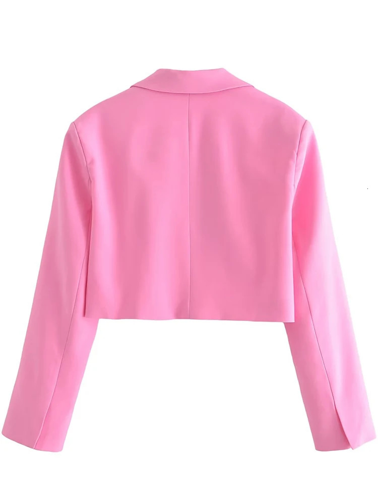 YENKYE 2023 Womens Single Button Pink Crop Jacket Retro Long Sleeve Collar Elegant Office Set 250414Z