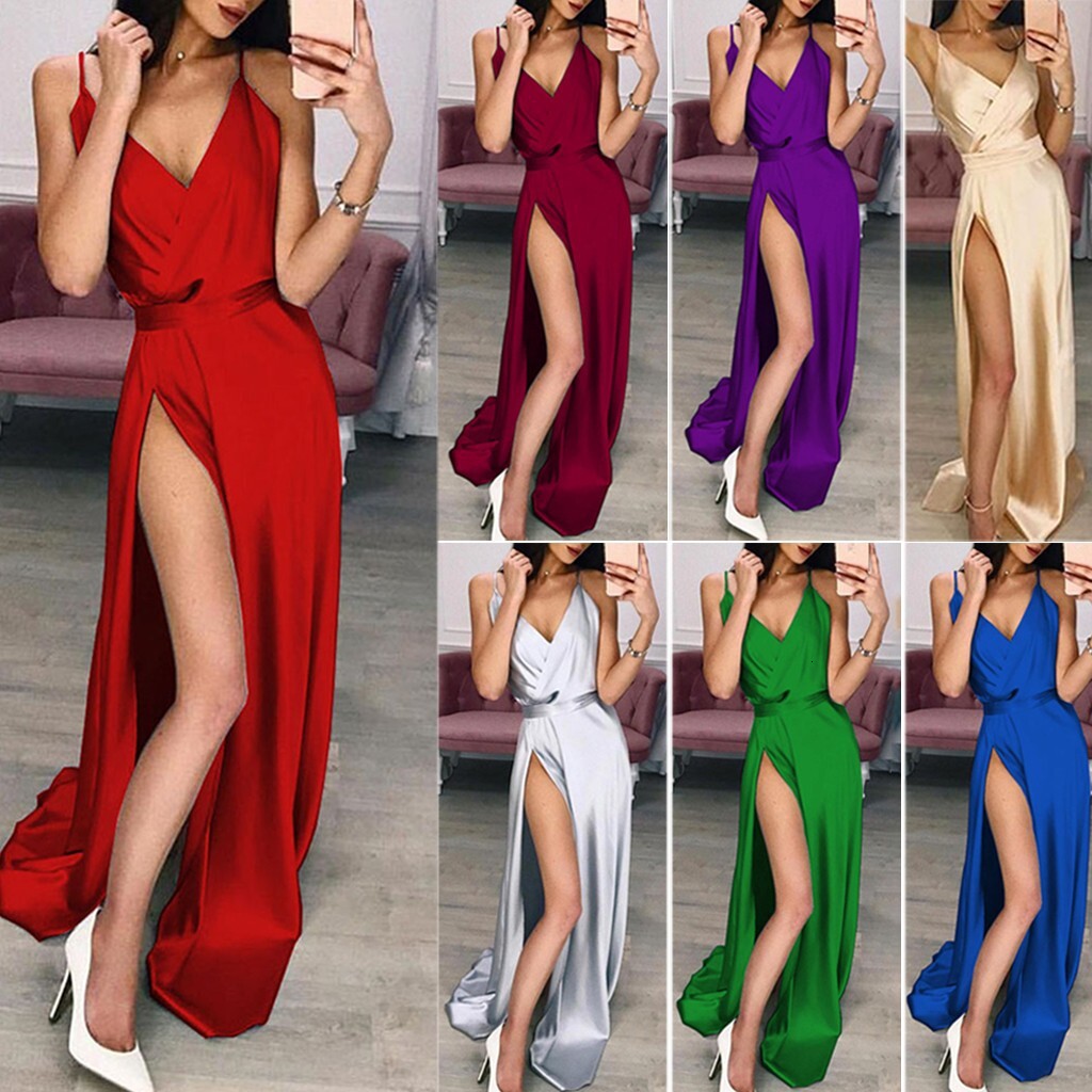 2025 Spring Sexy V-neck Strap Slippers Split Floor Dresses Fashion Womens Evening Dresses