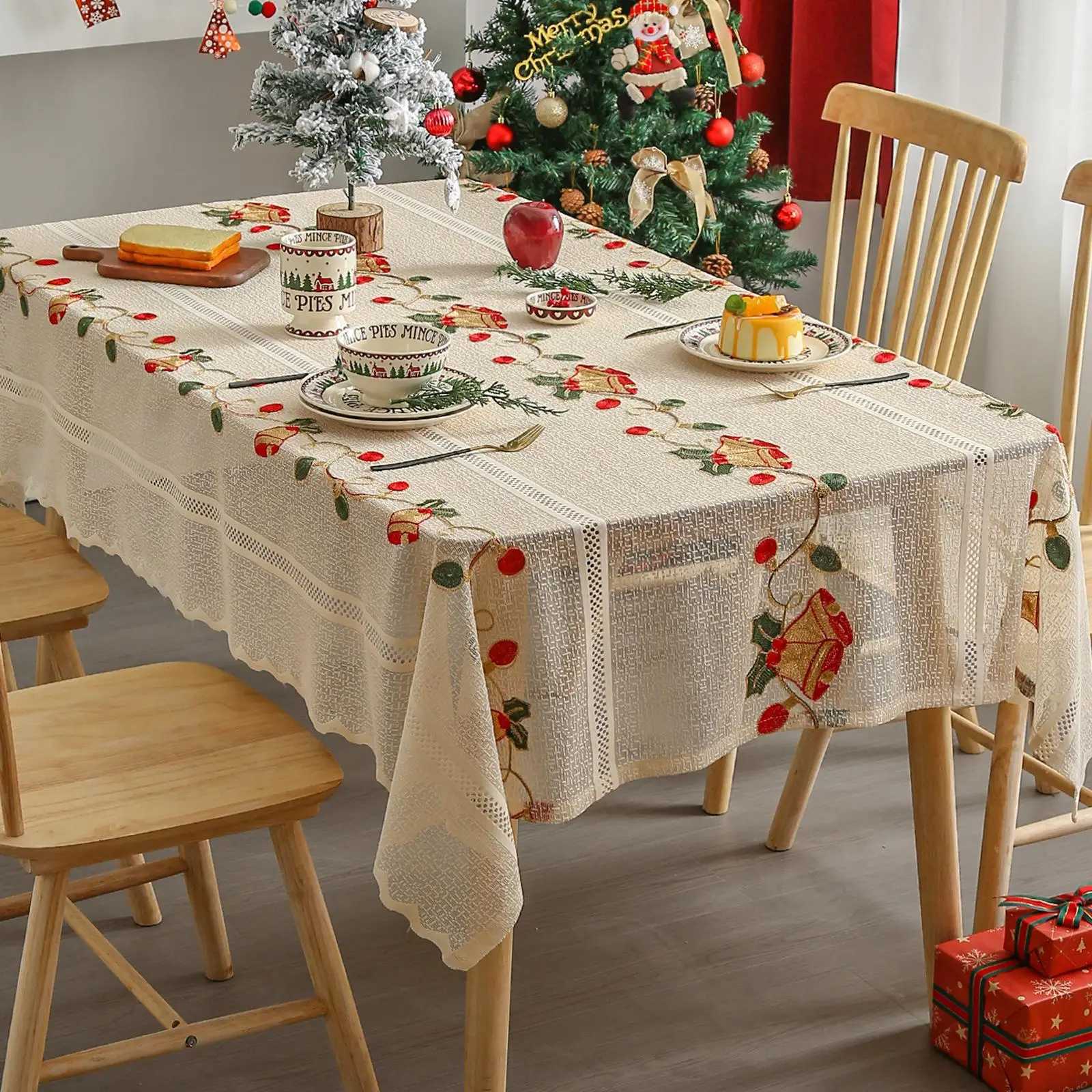 Christmas Christmas Lace Embroidered Tablecloth with Santa Claus Bell Design Fashion Festive Dining Table Cover for Holiday Home Decor Y251113