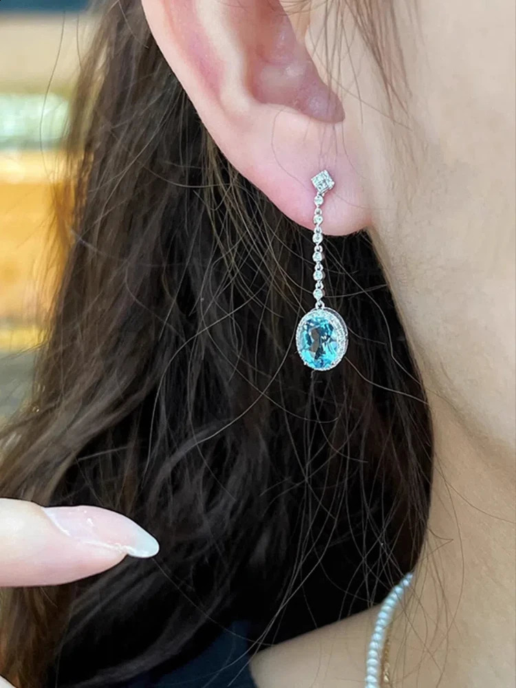 S925 sterling silver womens stud earrings oval Aqua blue zircon ear hanging jewelry for womens daily wear holiday party gifts 250409