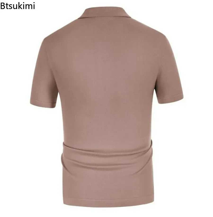 2025 Summer Mens Casual Shirt Knitted Patchwork Striped Polo Shirt Mens Flip Collar Button Slimming Top Ice Silk T-shirt W250414