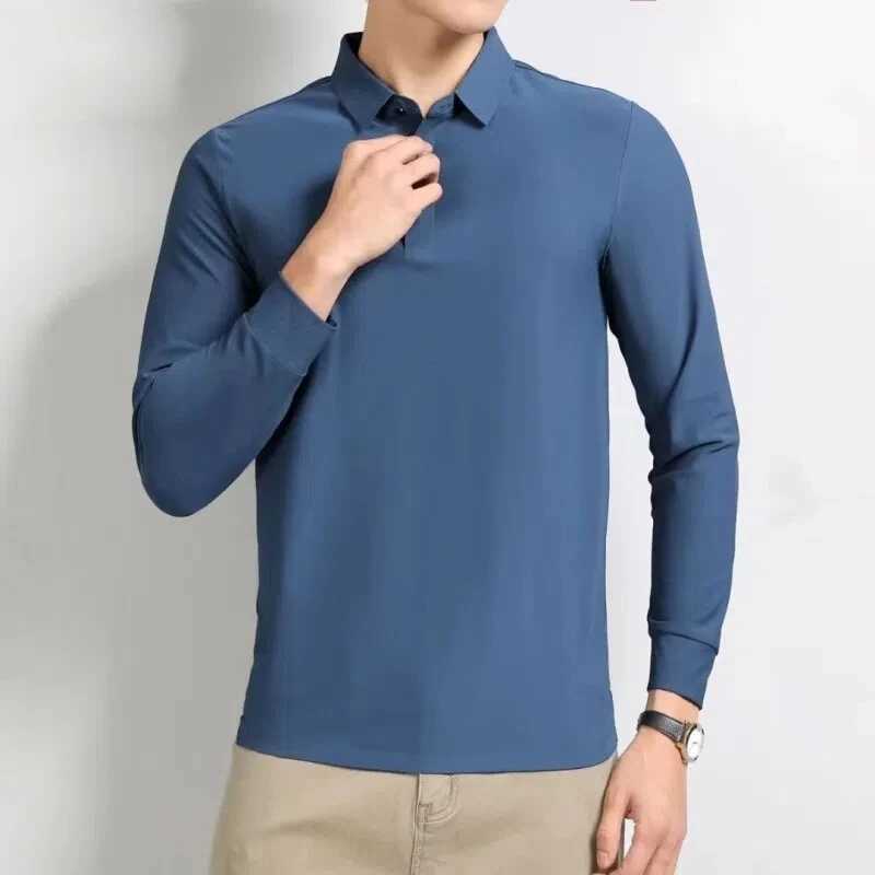 Smart Casual Autumn Winter New Men Collar Ice Silk Solid Button Simplicity Casual Elastic Long Sleeve Pulleys Polo Top W250414