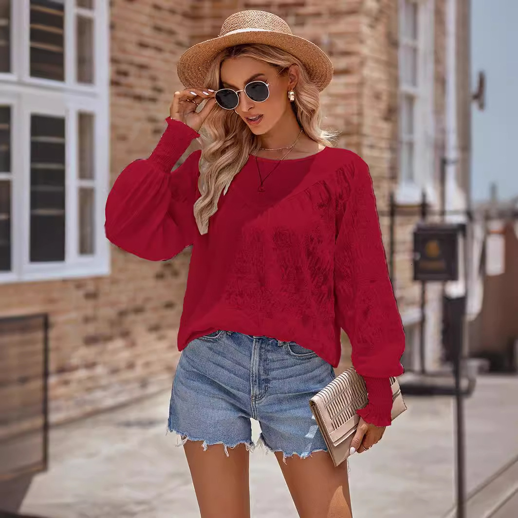 New women's solid color round neck long sleeved patchwork lantern sleeve plaid top for women