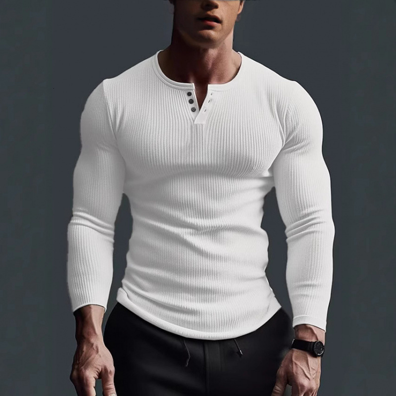 Mens Long sleeved Top Fitness High Elastic Bottom Shirt Mens Stapled V-neck Solid Large Casual T-shirt