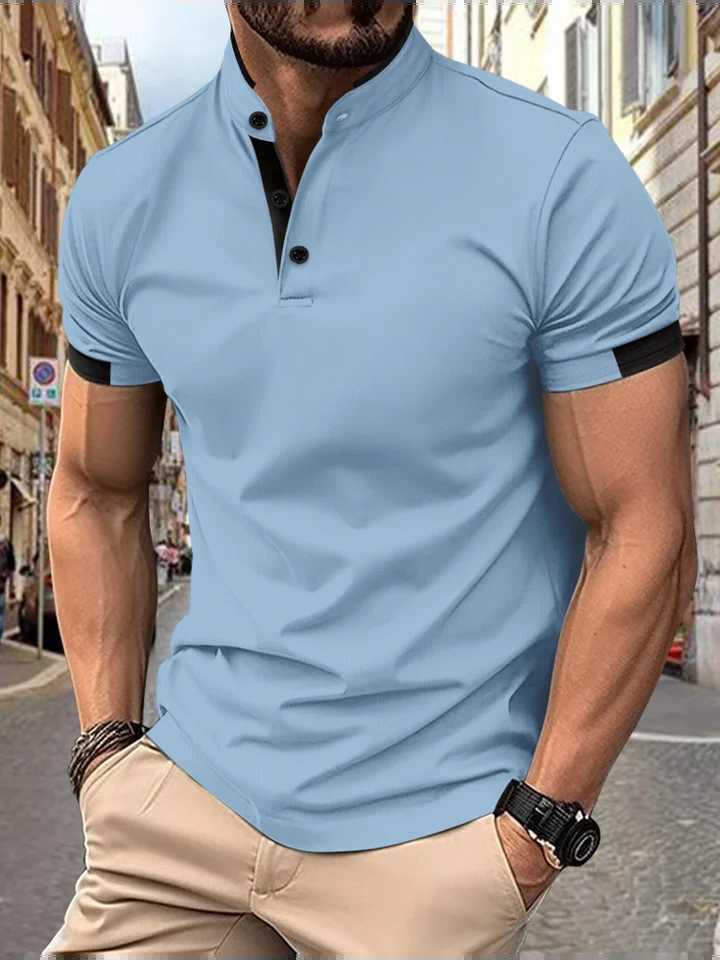 2024 Mens New Polo Shirt Summer Mens Stand up Collar Button Casual Short Sleeve T-shirt Top W250414