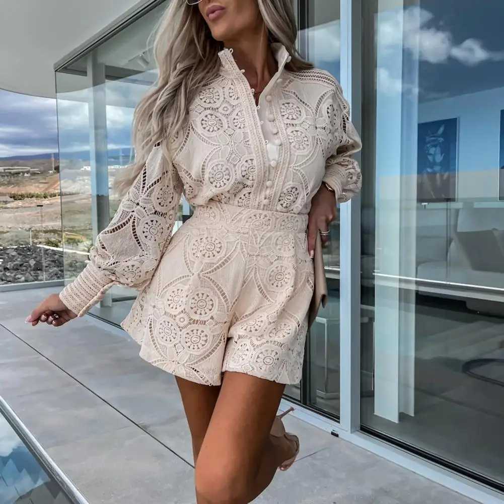 Foridol Retro Single Chest White Lace Womens Shorts Set Spring Long Sve Casual Party 2-piece Set Womens Summer SetXJ250414