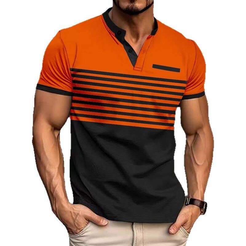 Summer Men's Casual POLO Shirt V-neck Striped Button Flip Collar Short Sleeve 2025 Top for Men