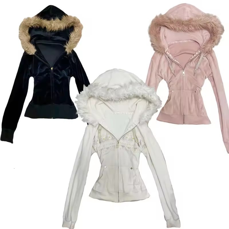 Street Style Design Punk Slim Fit Zipper Plush Brim Hooded Sweatshirt Jacket for Women