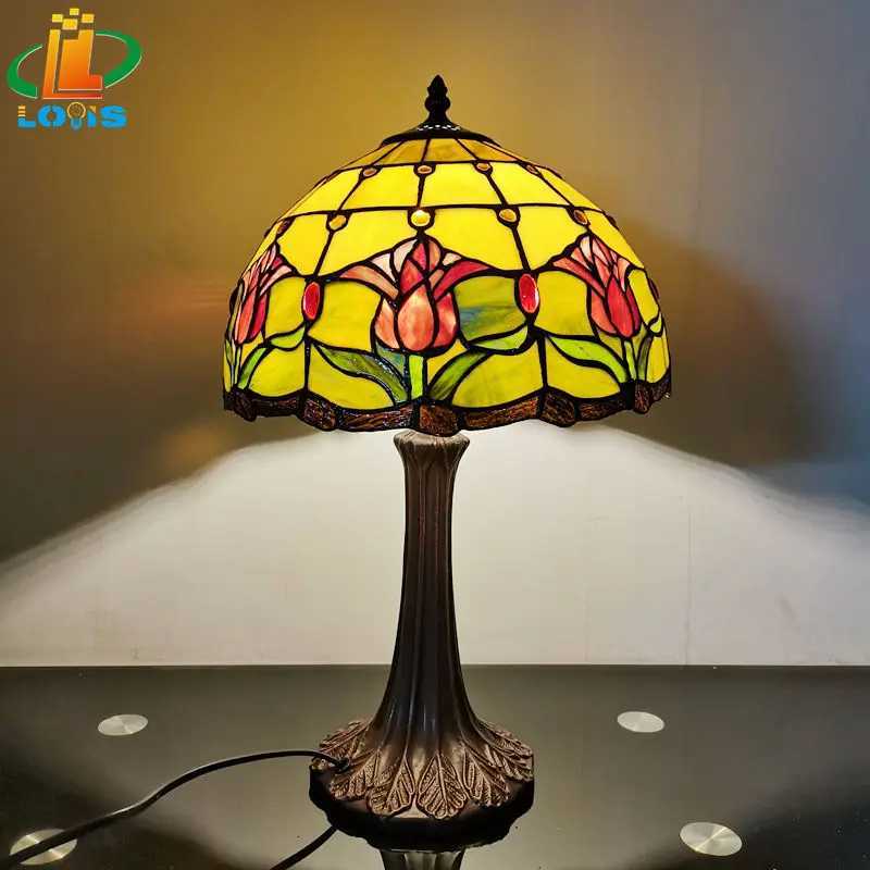 30CM American Country Tulip Desk Lamp Tiffany Style Bedroom Headboard Office Desk Decorative Lamp Warm Color Antique Countryside M251114