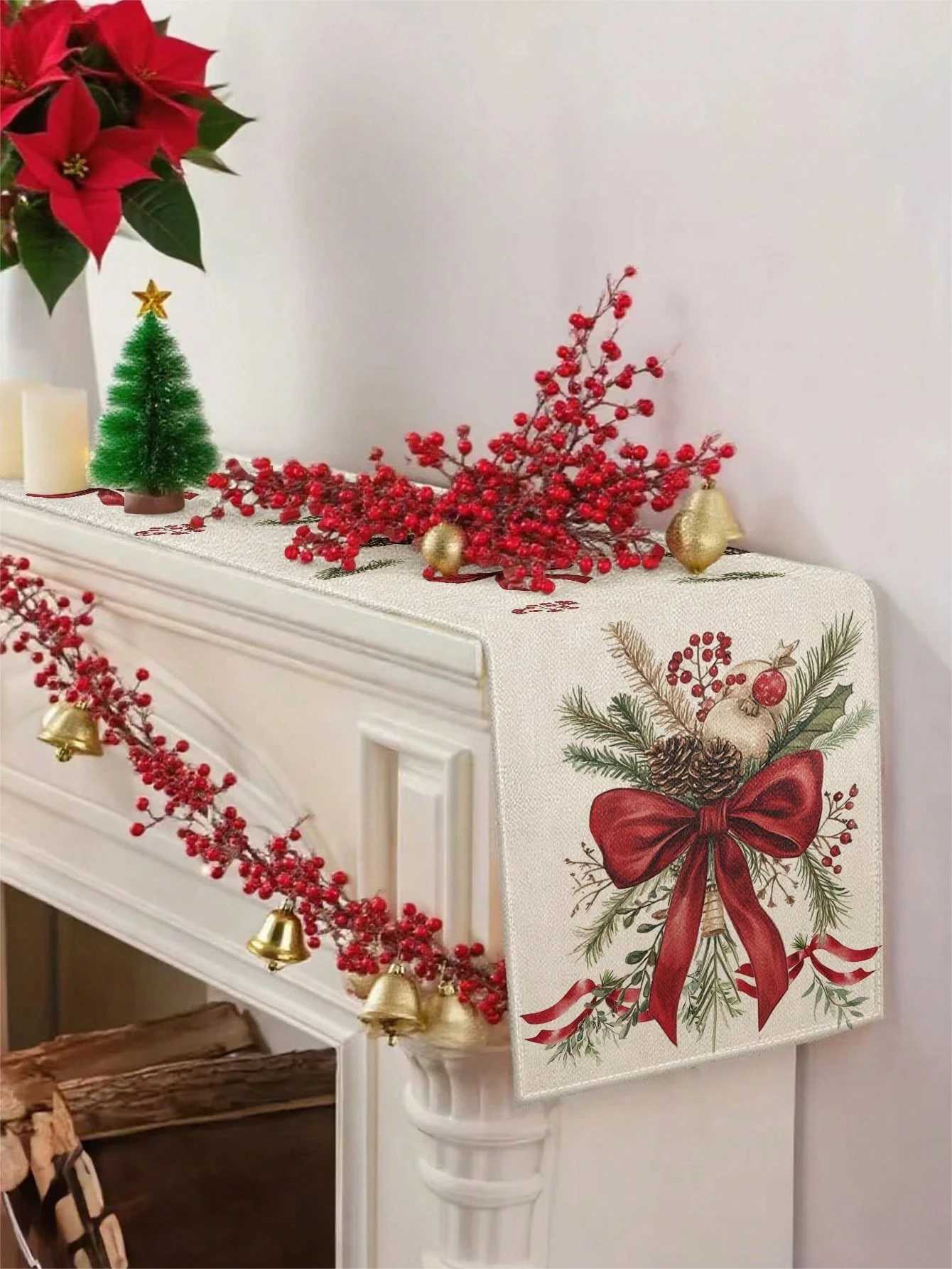 Christmas Christmas Themed Table Runner With Bow Pine Cone Holly Berries Print For Festive Dining Table Decor High Quality Elegant Holiday Y251113