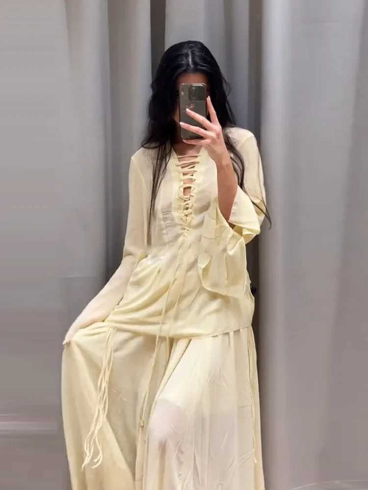 Ele shirt set womens fungal Drstring lace long shimmer Sve top elastic waist pleated ski suit fashionable vacationXJ250414