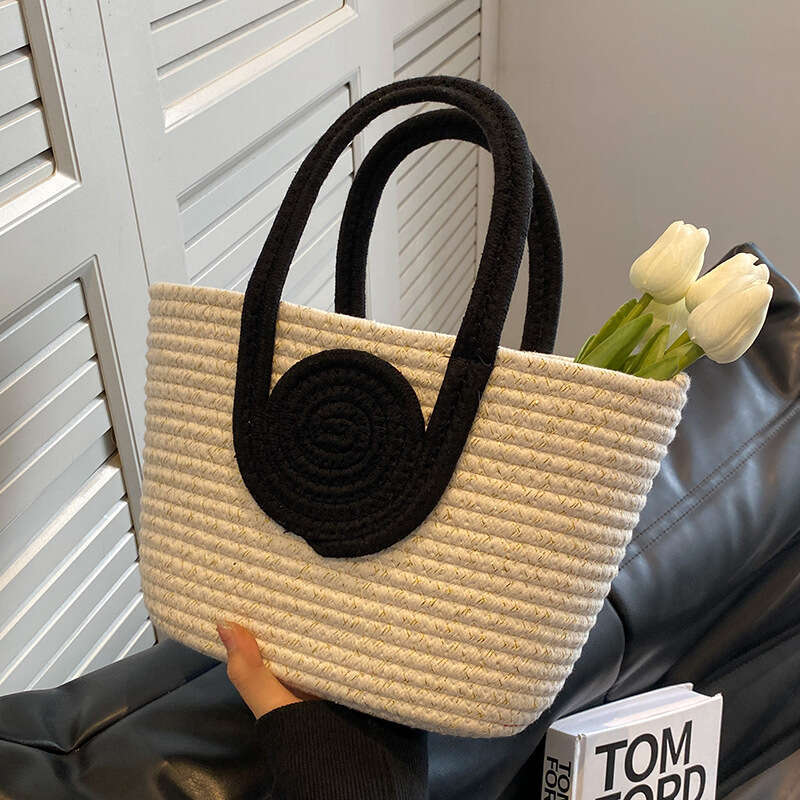 Handmade Beach Bag 2024 New Woven Simplified Retrofit Grass Knitted Handbag Oblique Cross Holiday Cotton Rope Commuter Tote Women's Bag Kq2