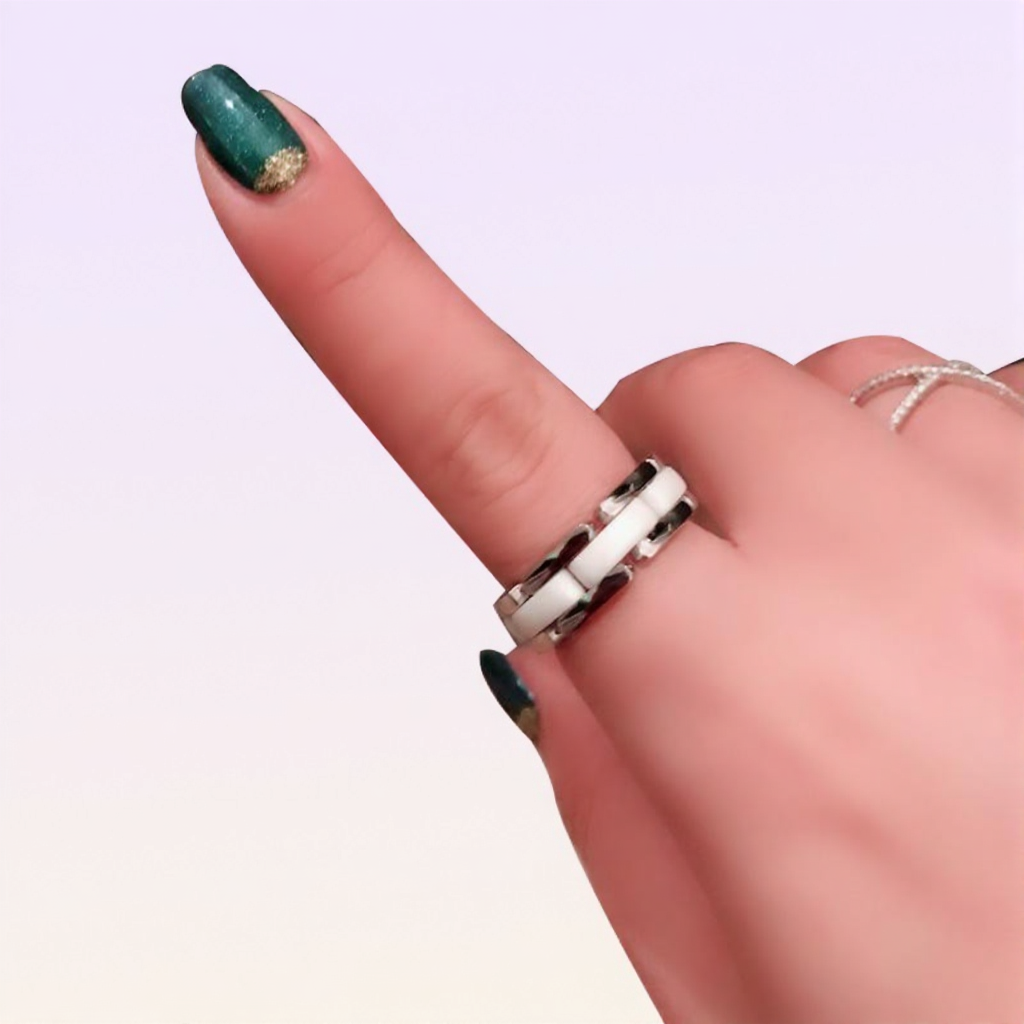 Cluster Rings Top Quality Double Row Black Ceramic Watch Chain Style Ring Stainless Steel Jewelry For Women