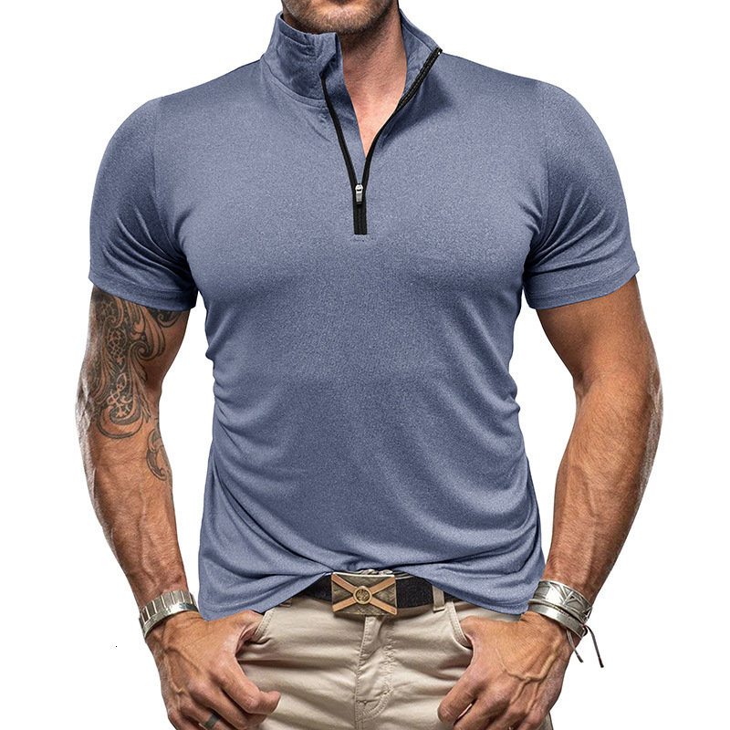 Summer mens outdoor sports and fitness zippered shirt with stand up collar high elasticity and quick drying short sleeved T-shirt for men