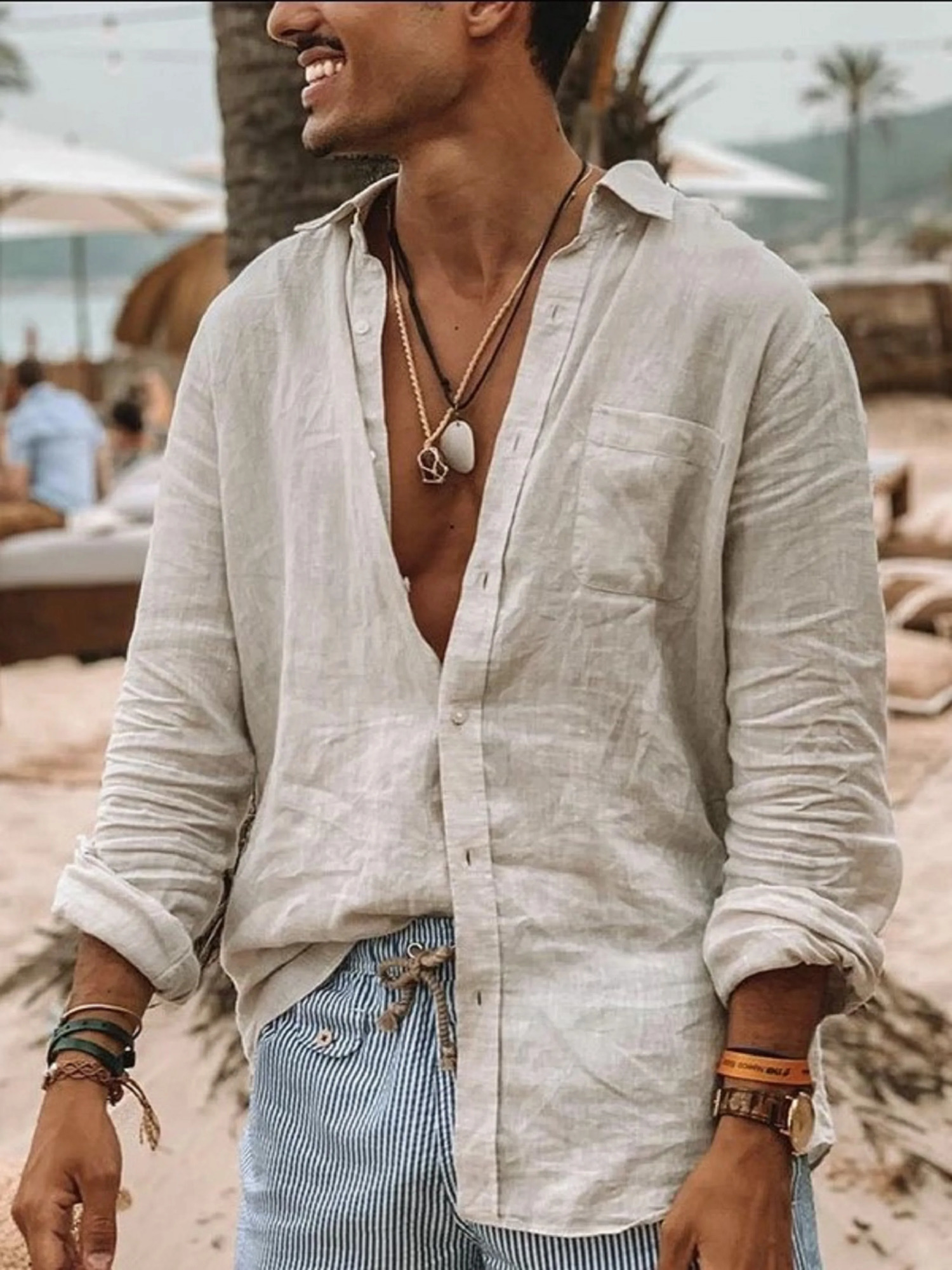 Mens casual fashion solid color thin long-sleeved shirt lapel cardigan suitable for outdoor activities 250411