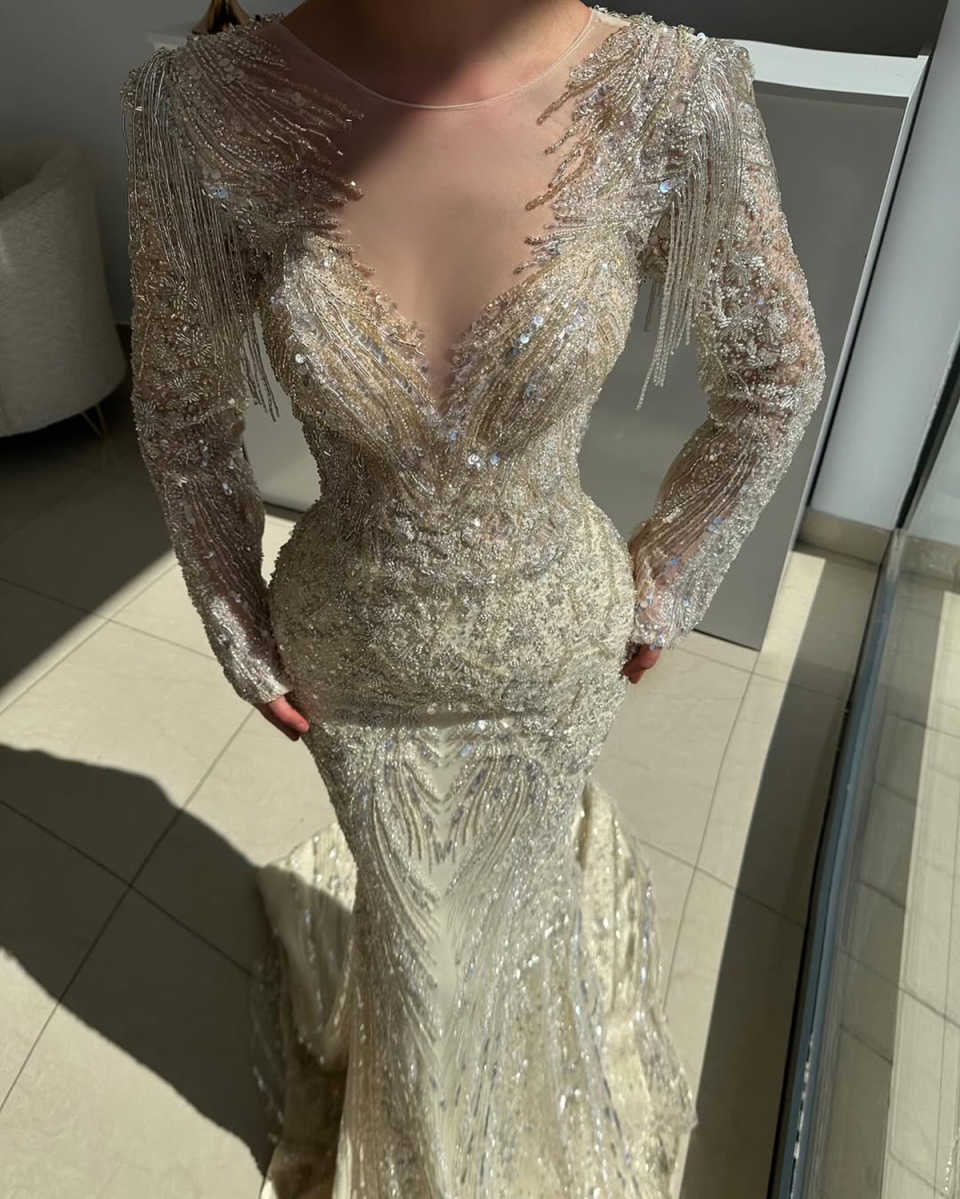 Luxury Sequins Mermaid Wedding Dress Beading O Neck Long Sleeve Bride Gowns Sheath Lace Floor-Length Bridal Dresses Customized