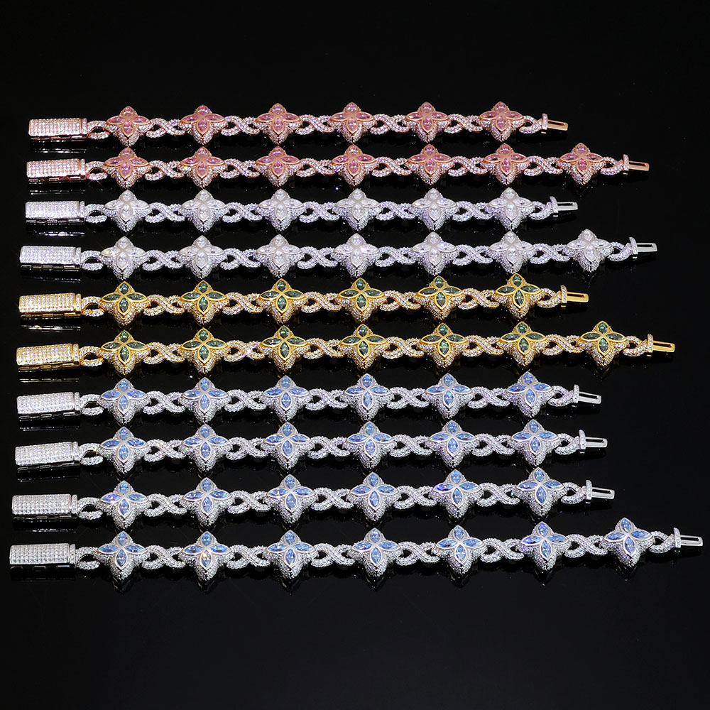 Colorful VVS Moissanite Cuban Link Bracelet 925 Silver Iced Out Colors Floral Design Bracelet Hip Hop Fine Jewelry for Men Women